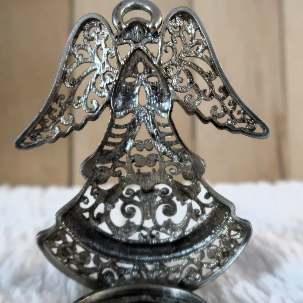 Vintage Silver Tone Metal Angel Tea Light Candle Holder Figurine - Picture 6 of 10